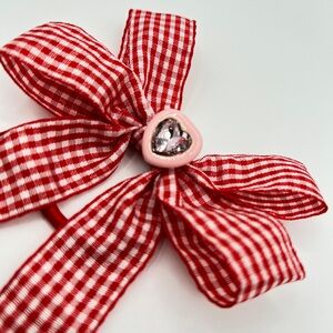 New Red Gingham Hair Bow with Heart Gem Hair Tie